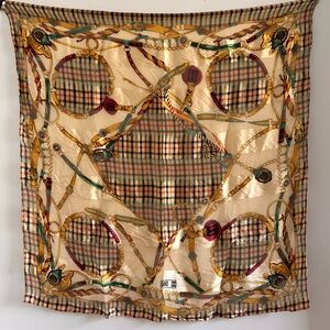 DAKS London Vintage Equestrian Golden Plaid and Chain Pattern Scarf